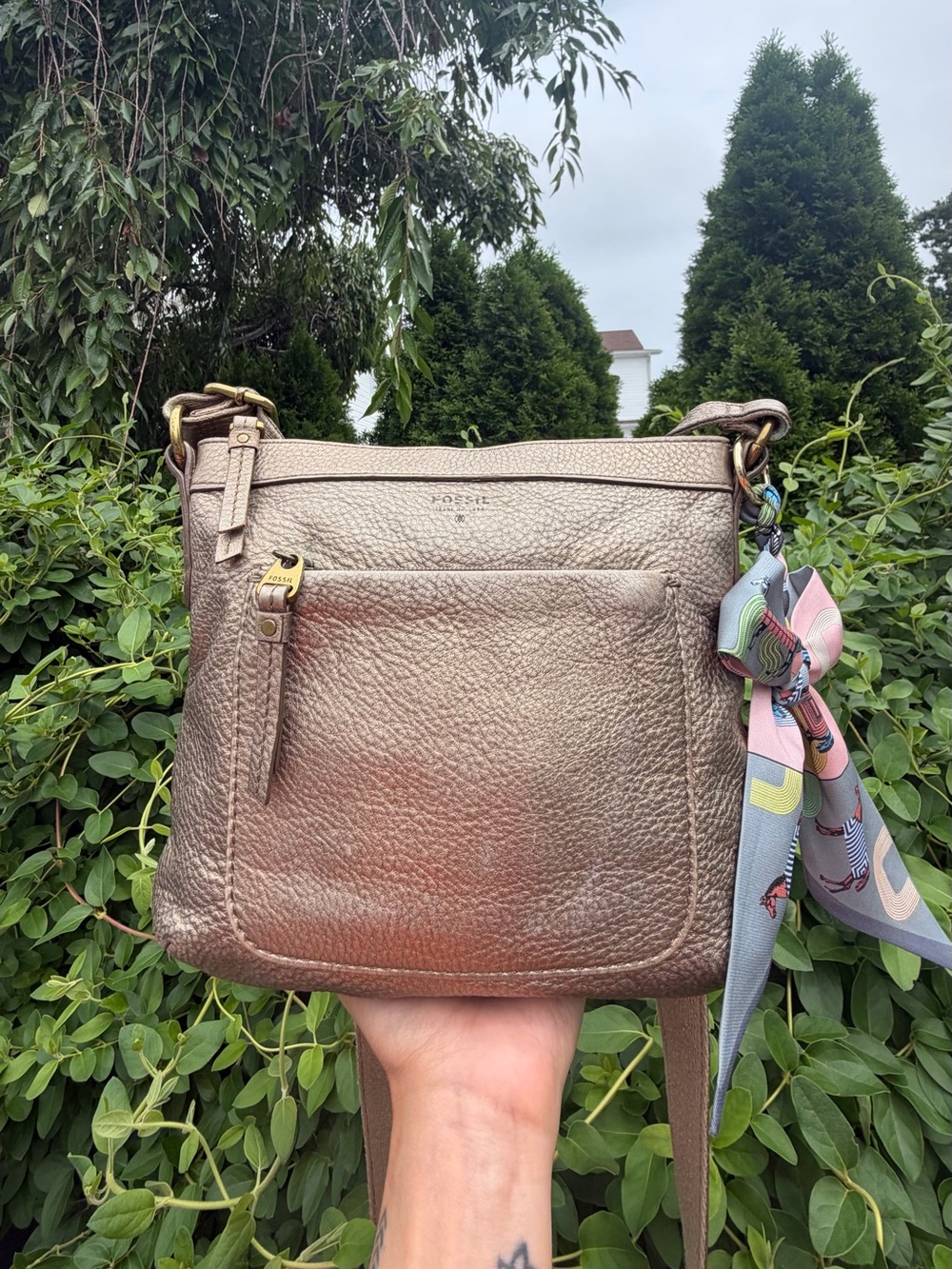 Fossil Metallic Taupe Pebbled Leather Crossbody with Scarf Accent